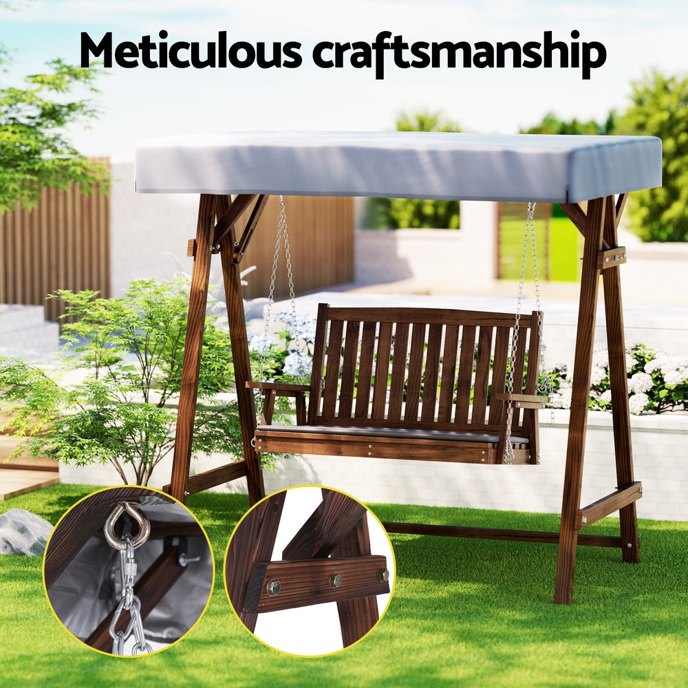 Gardeon Outdoor Wooden Swing Chair Garden Bench Canopy Cushion 2 Seater Charcoal 4