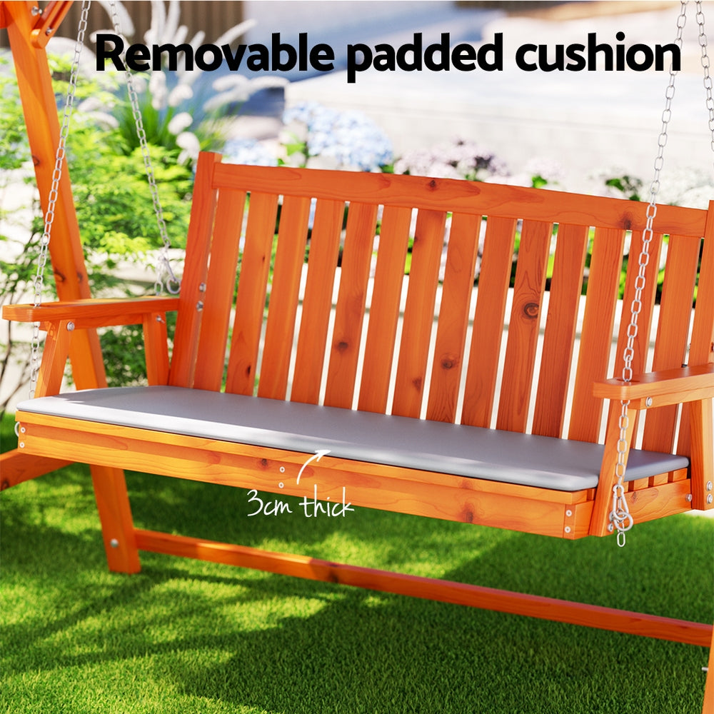 Gardeon Outdoor Wooden Swing Chair Garden Bench Canopy Cushion 3 Seater Teak 6