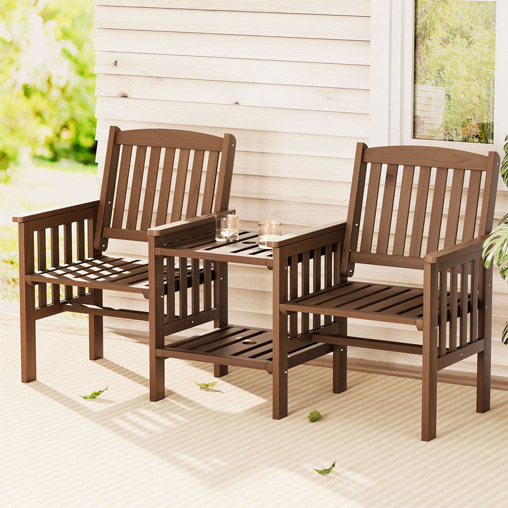 Gardeon Outdoor Garden Bench Loveseat Wooden Table Chairs Patio Furniture Brown 8