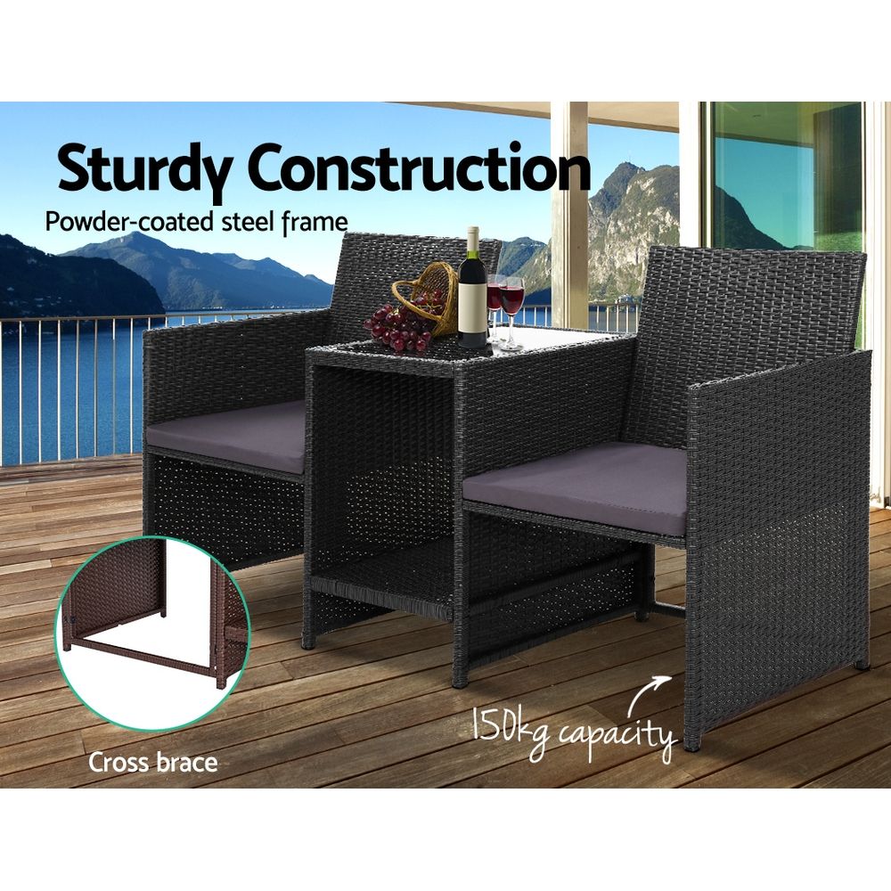 Gardeon Outdoor Setting Wicker Loveseat Birstro Set Patio Garden Furniture Black 4