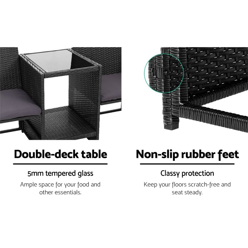 Gardeon Outdoor Setting Wicker Loveseat Birstro Set Patio Garden Furniture Black 6