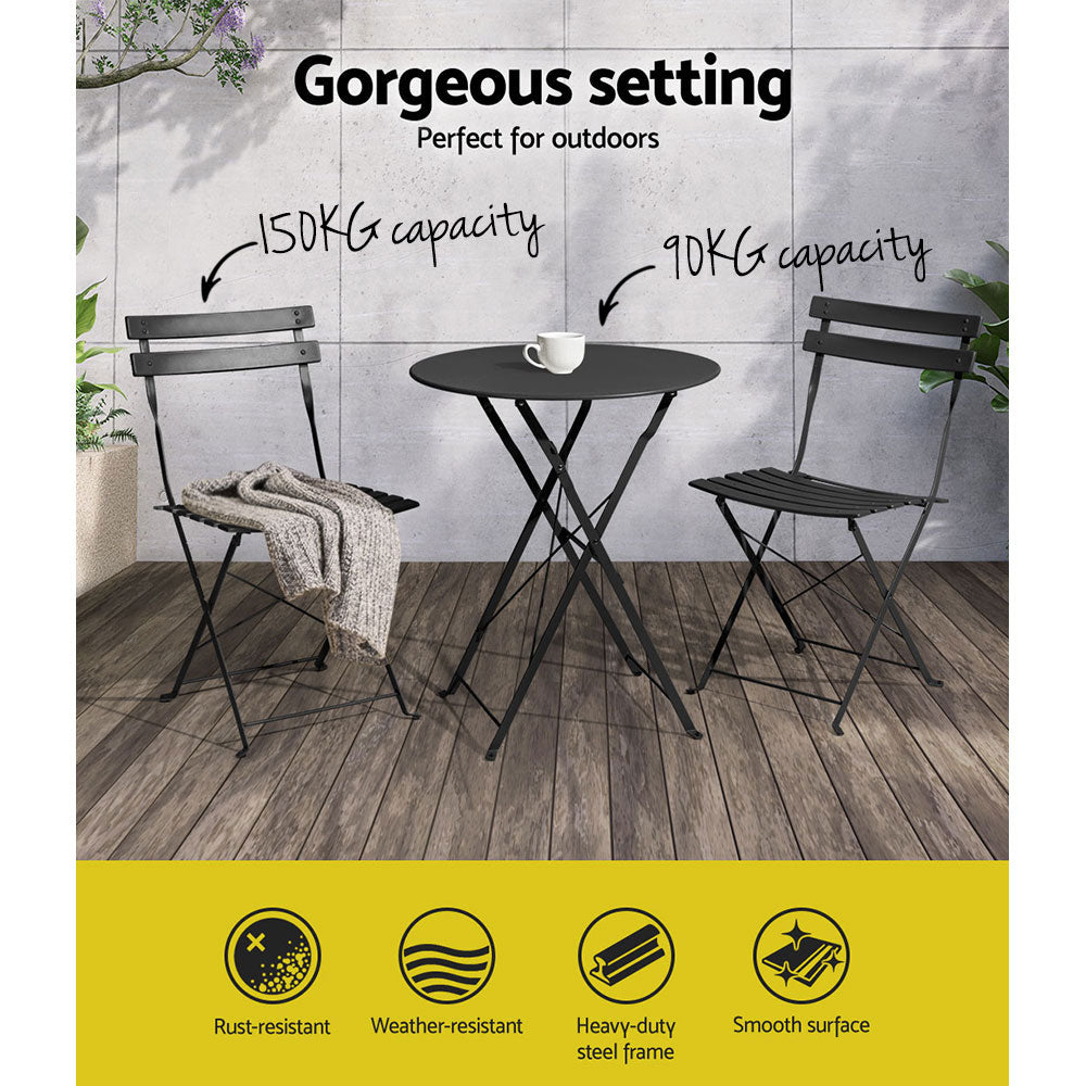 Gardeon 3PC Outdoor Bistro Set Steel Table and Chairs Patio Furniture Black 4