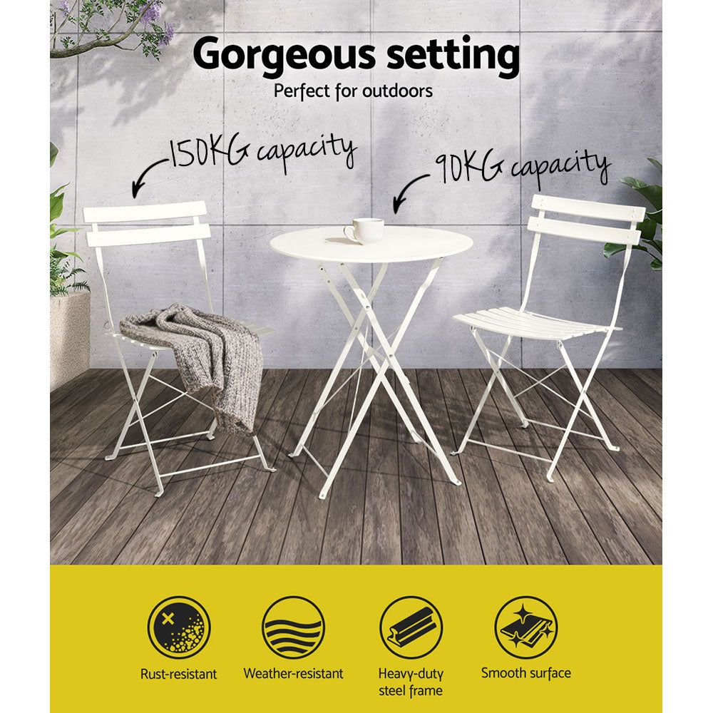 Gardeon 3PC Outdoor Bistro Set Steel Table and Chairs Patio Furniture White 4