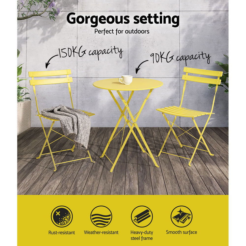 Gardeon 3PC Outdoor Bistro Set Steel Table and Chairs Patio Furniture Yellow 4