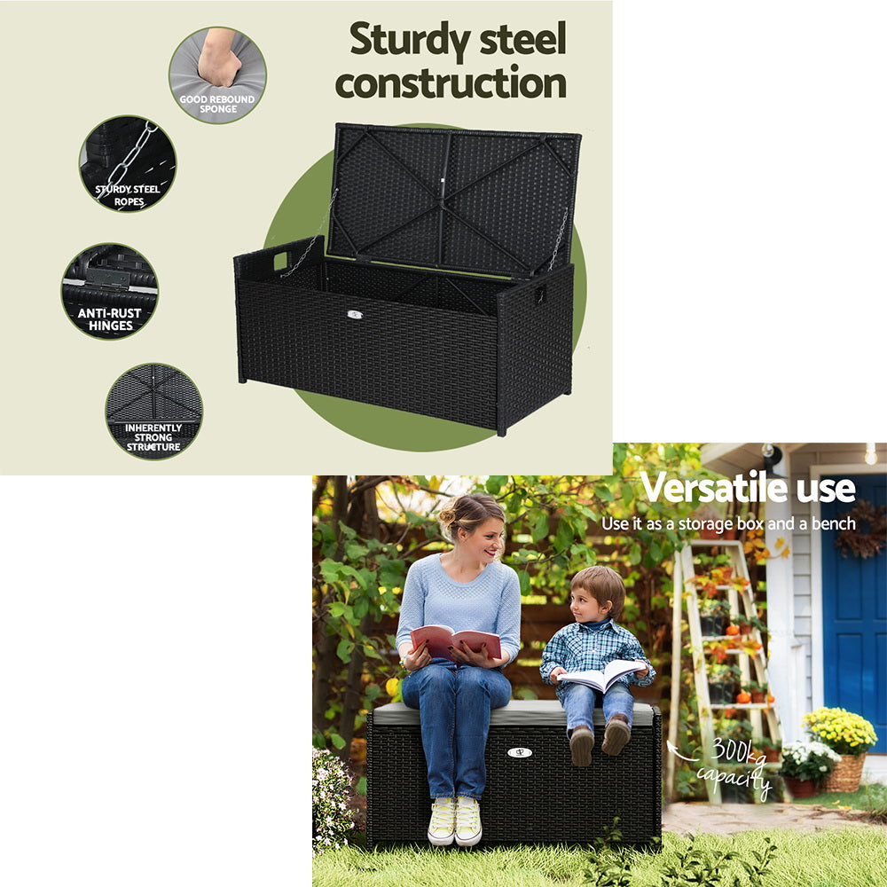 Gardeon Outdoor Storage Bench Box Wicker Garden Sheds Tools Cushion Patio Furniture Black 7