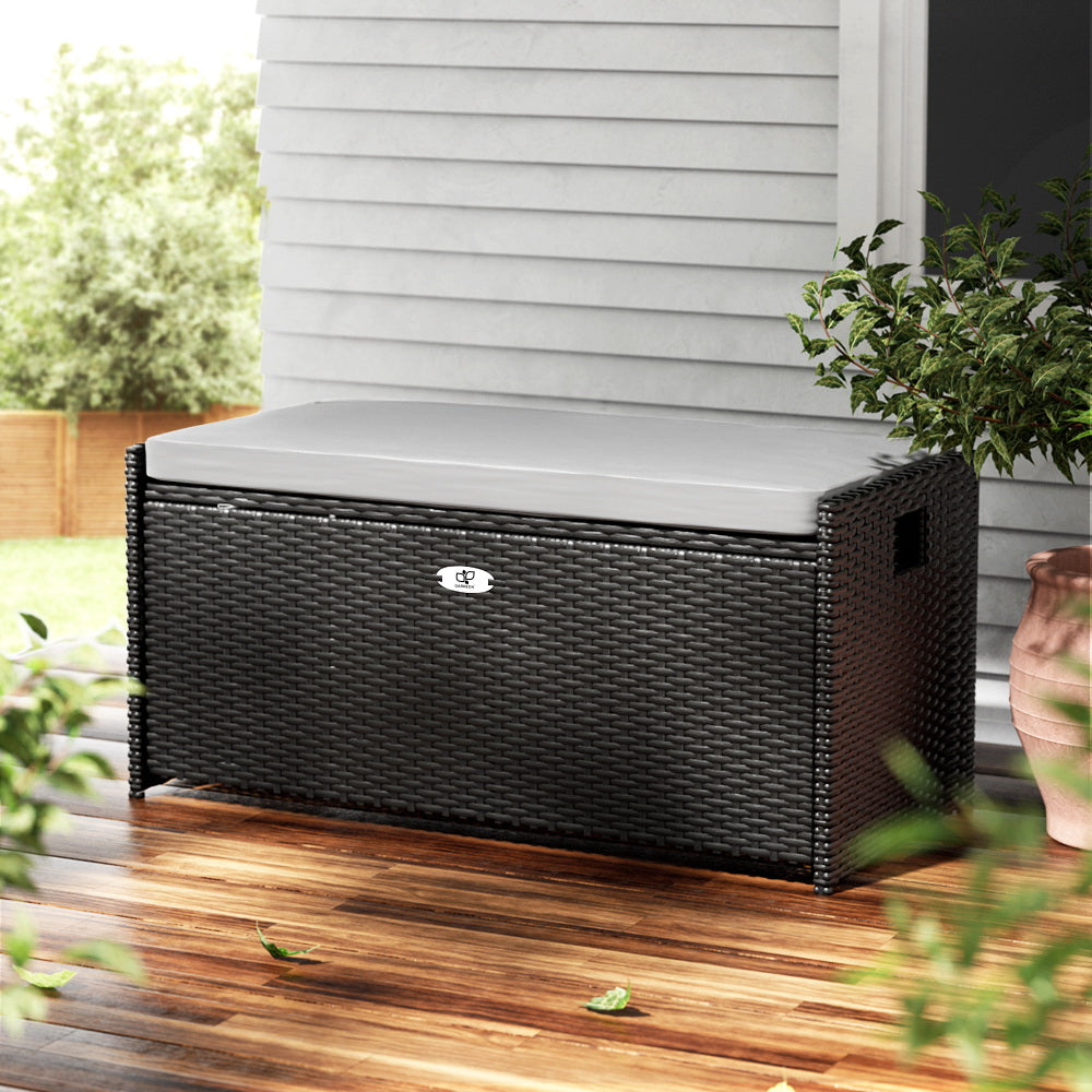 Gardeon Outdoor Storage Bench Box Wicker Garden Sheds Tools Cushion Patio Furniture Black 8