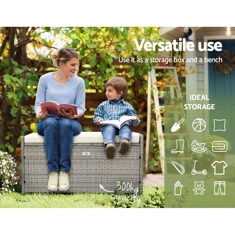 Gardeon Outdoor Storage Bench Box Wicker Garden Sheds Tools Cushion Patio Furniture Grey 5