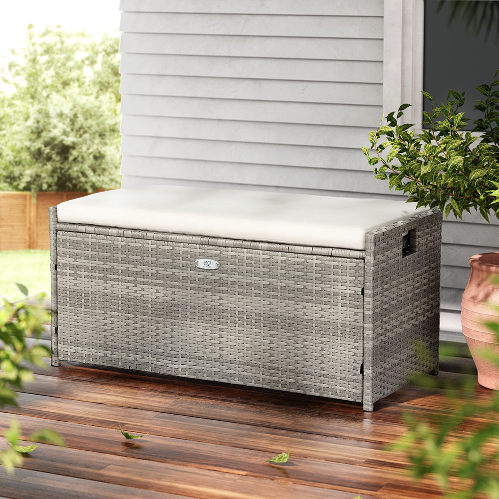 Gardeon Outdoor Storage Bench Box Wicker Garden Sheds Tools Cushion Patio Furniture Grey 7