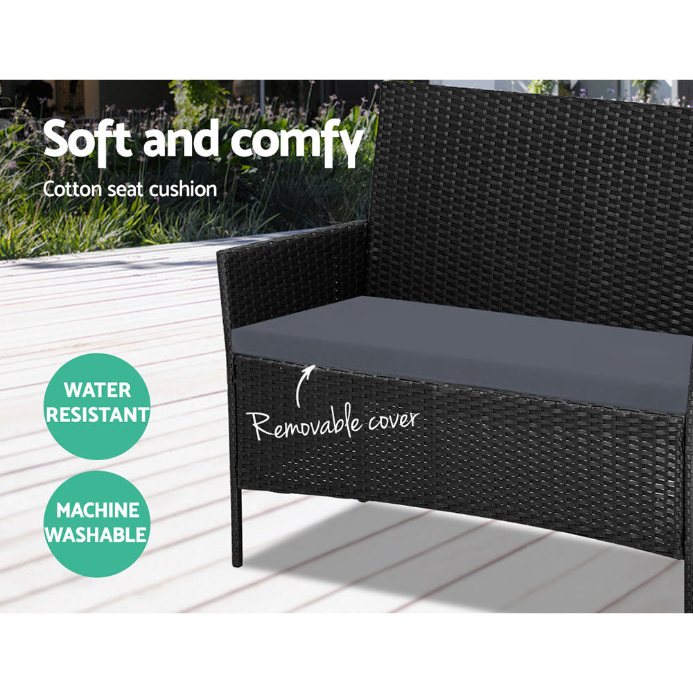 Gardeon 4 Seater Outdoor Sofa Set Wicker Setting Table Chair Furniture Black 3