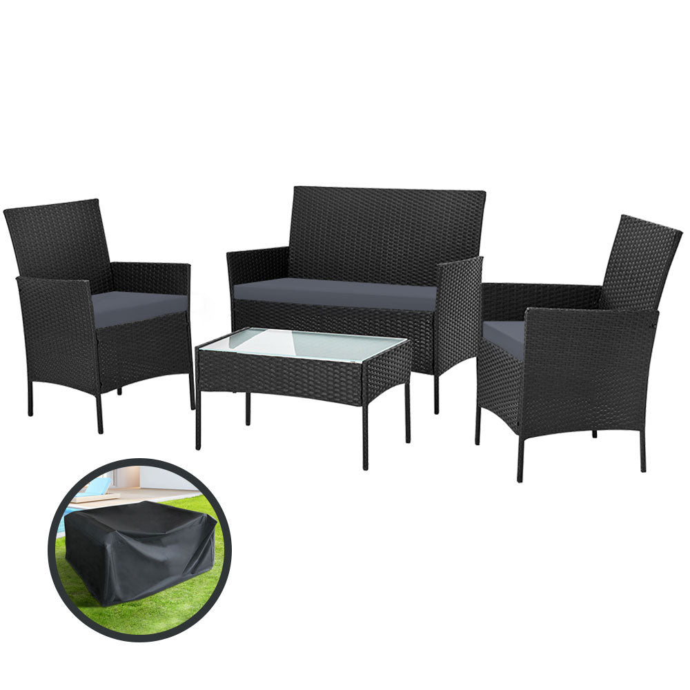 Gardeon 4 Seater Outdoor Sofa Set with Storage Cover Wicker Table Chair Black 7