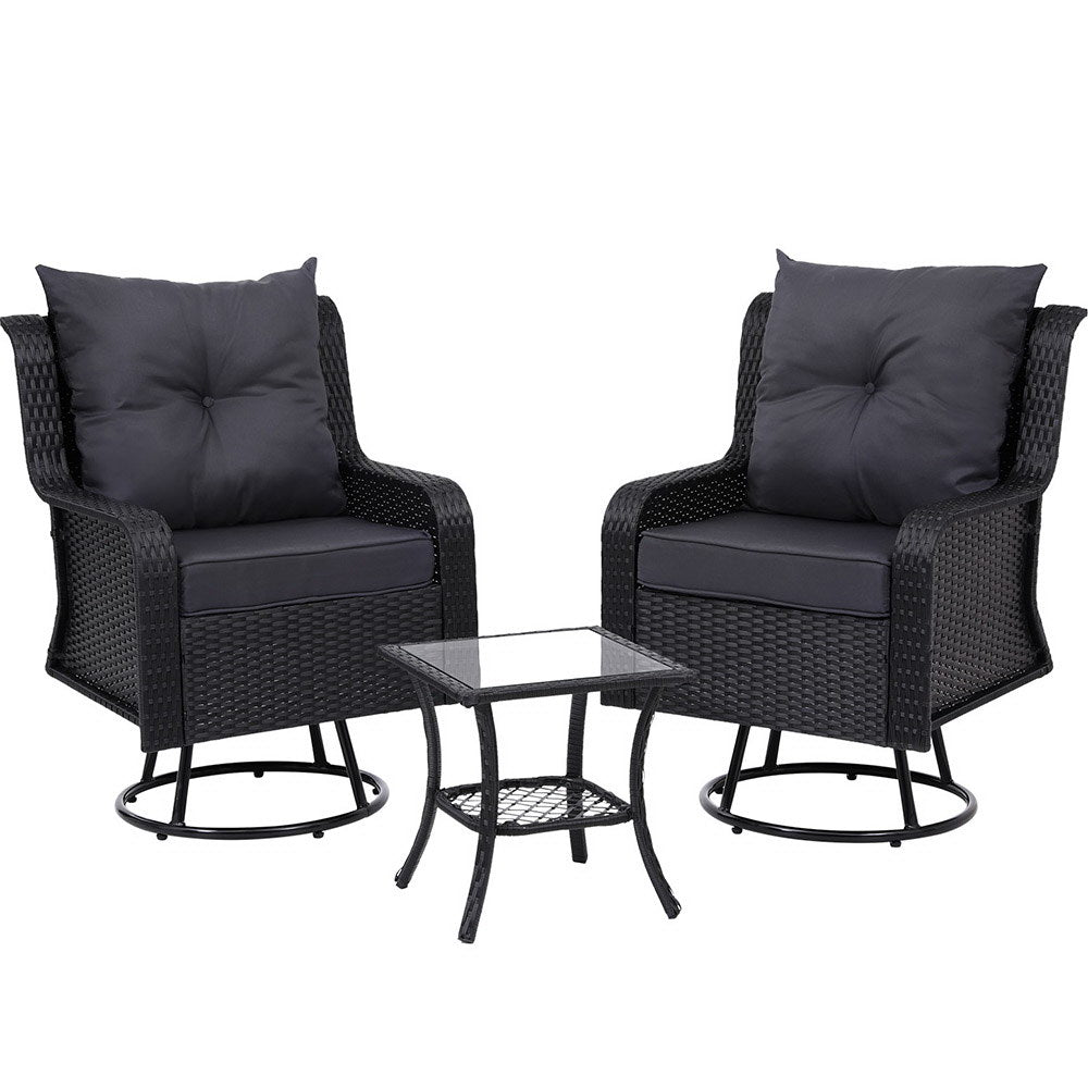 Gardeon 3PC Outdoor Furniture Bistro Set Lounge Wicker Swivel Chairs Table Cushion Black 7