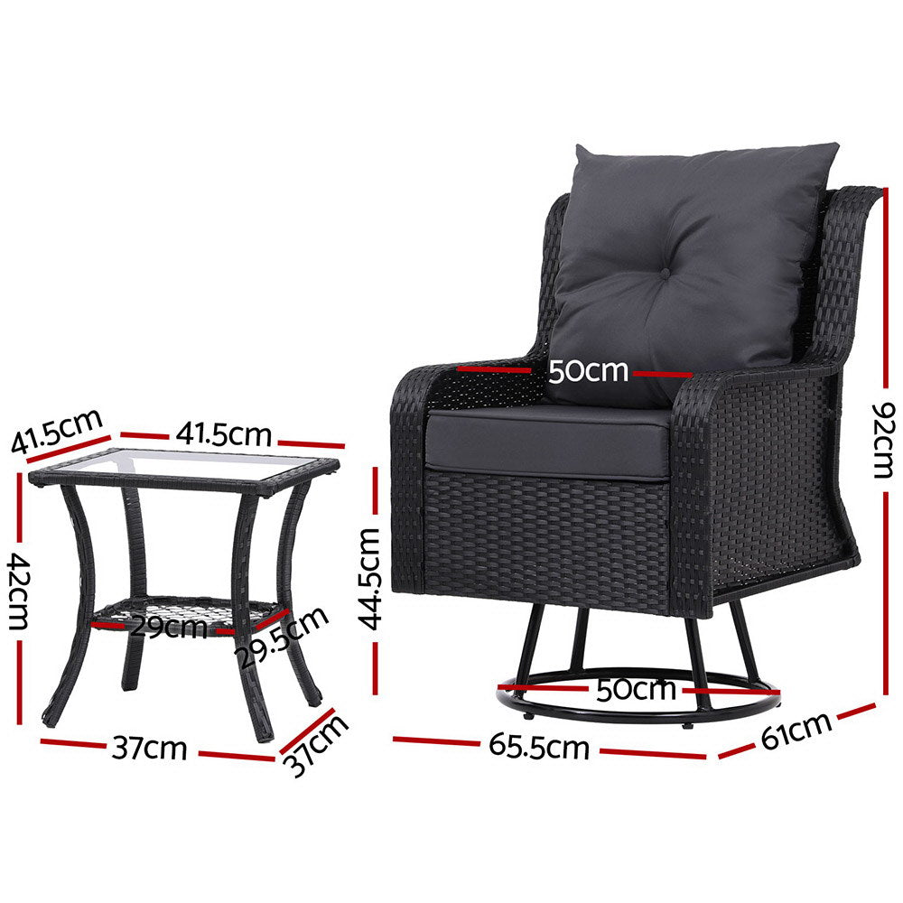 Gardeon 3PC Outdoor Furniture Bistro Set Lounge Wicker Swivel Chairs Table Cushion Black 3