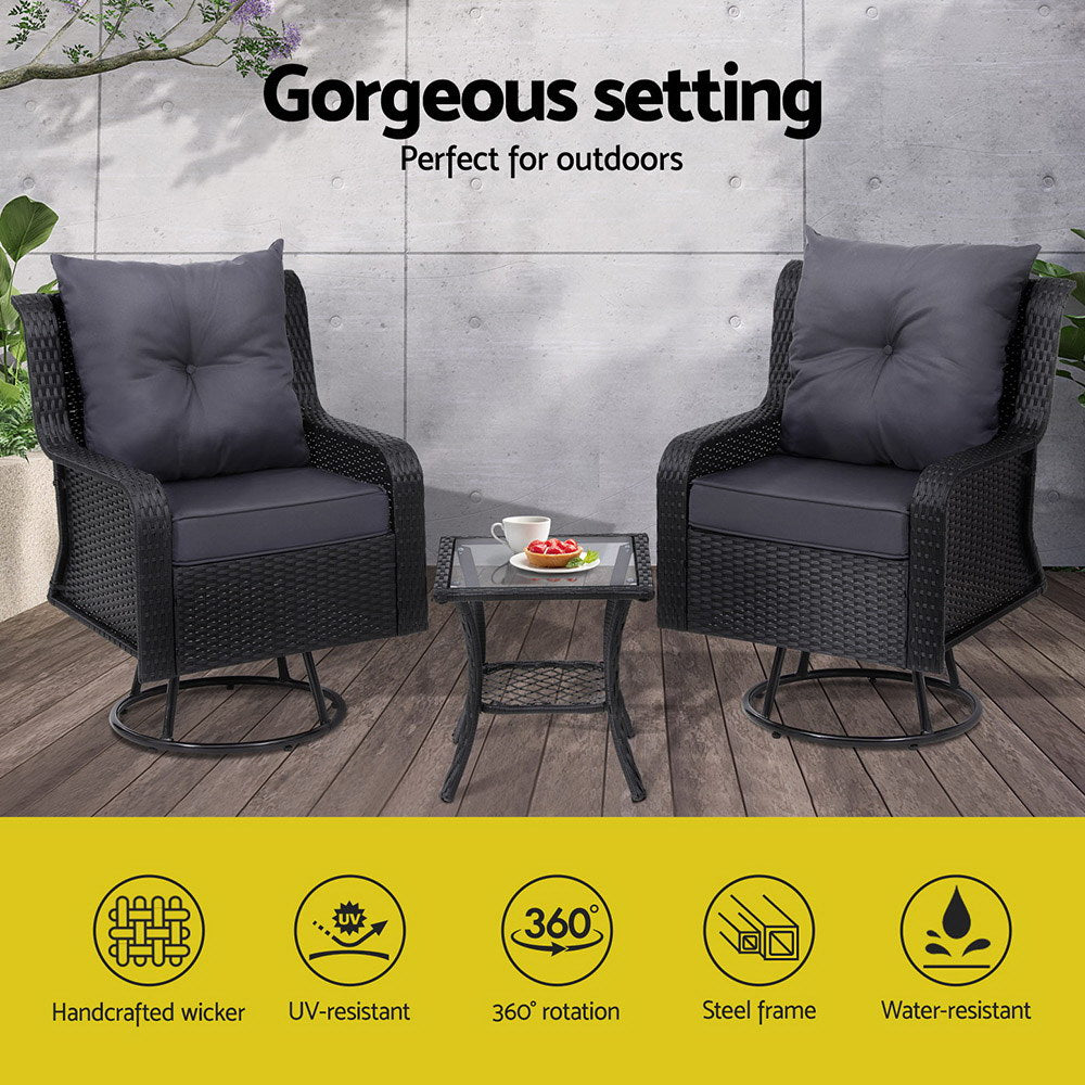 Gardeon 3PC Outdoor Furniture Bistro Set Lounge Wicker Swivel Chairs Table Cushion Black 4