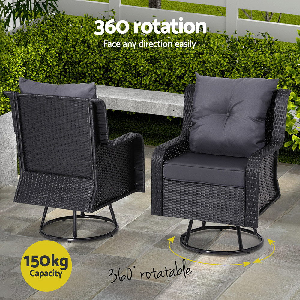 Gardeon 3PC Outdoor Furniture Bistro Set Lounge Wicker Swivel Chairs Table Cushion Black 5