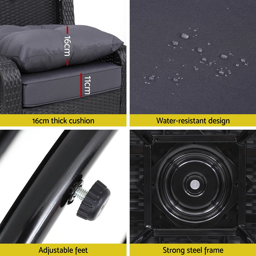 Gardeon 3PC Outdoor Furniture Bistro Set Lounge Wicker Swivel Chairs Table Cushion Black 6