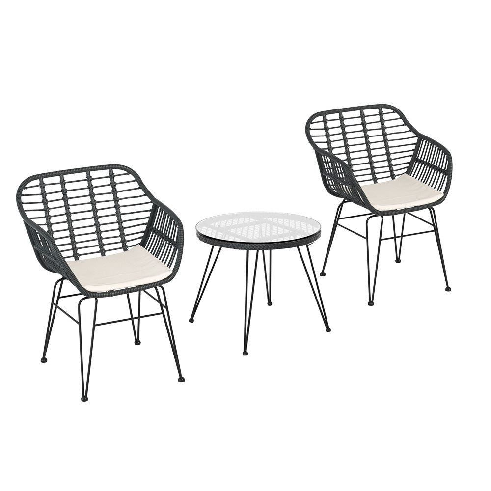 Gardeon 3PC Outdoor Furniture Bistro Set Lounge Setting Table Chairs Cushion Patio Grey 7