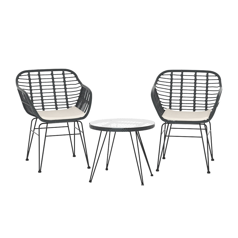 Gardeon 3PC Outdoor Furniture Bistro Set Lounge Setting Table Chairs Cushion Patio Grey 3