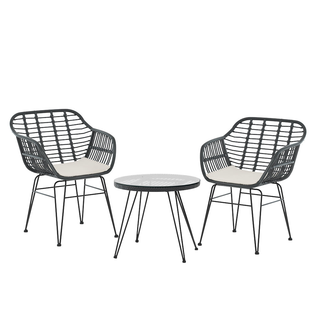 Gardeon 3PC Outdoor Furniture Bistro Set Lounge Setting Table Chairs Cushion Patio Grey 5