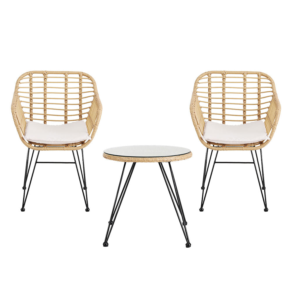 Gardeon 3PC Outdoor Furniture Bistro Set Lounge Setting Table Chairs Cushion Patio Grey 3