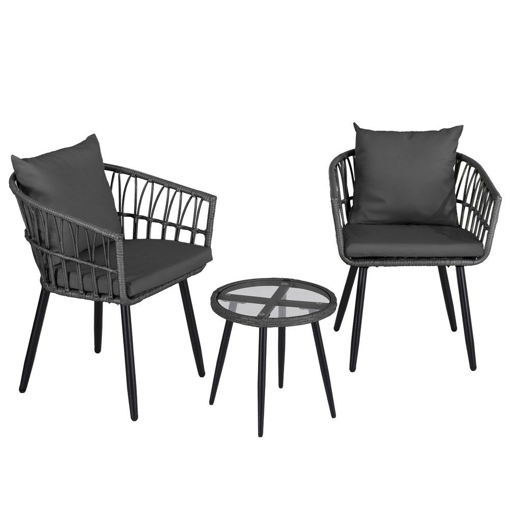 Gardeon 3PC Outdoor Bistro Set Patio Furniture Lounge Setting Table and Chairs Grey 3