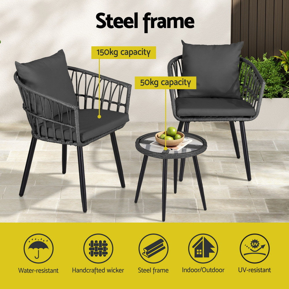 Gardeon 3PC Outdoor Bistro Set Patio Furniture Lounge Setting Table and Chairs Grey 4