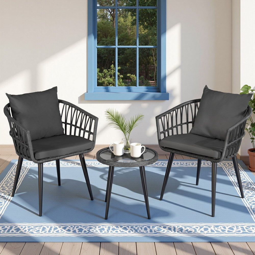 Gardeon 3PC Outdoor Bistro Set Patio Furniture Lounge Setting Table and Chairs Grey 7