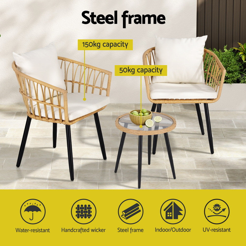Gardeon 3PC Outdoor Bistro Set Patio Furniture Lounge Setting Table and Chairs Natural 4