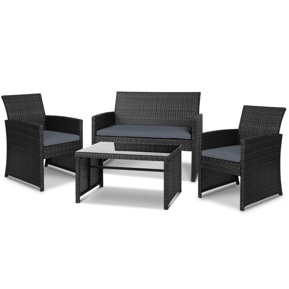 Gardeon 4 PCS Outdoor Sofa Set Rattan Chair Table Setting Garden Furniture Black 7
