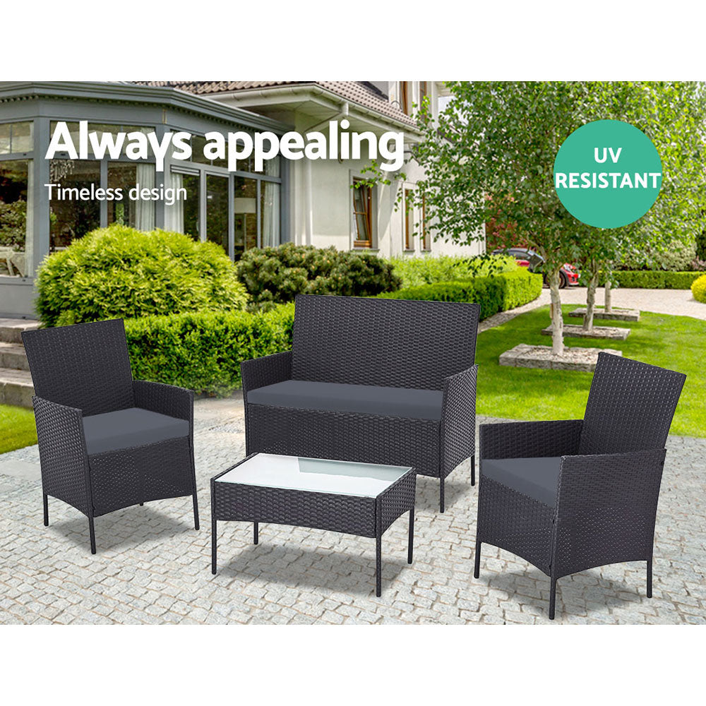 Gardeon 4 PCS Outdoor Sofa Set Rattan Chair Table Setting Garden Furniture Black 6
