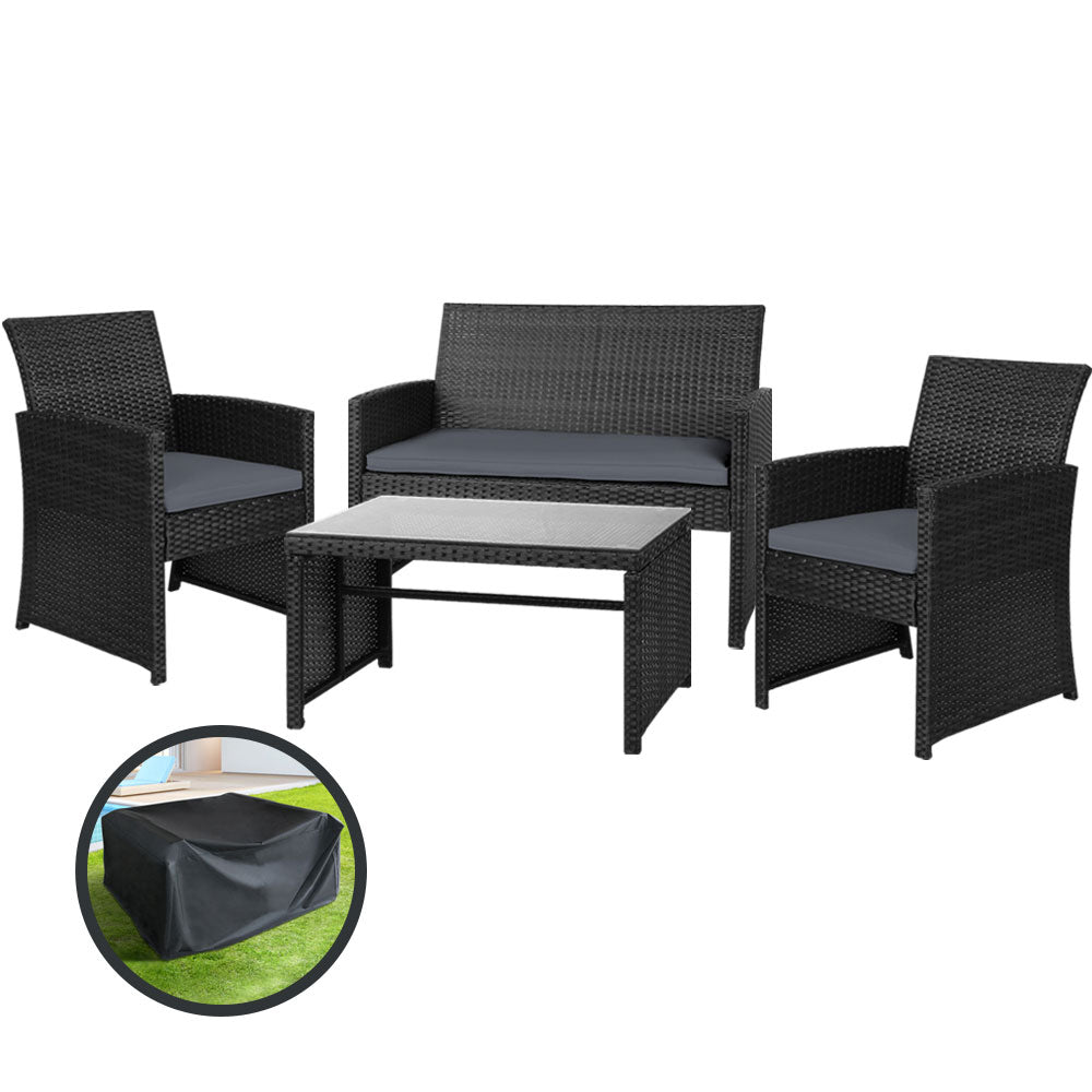 Gardeon 4 PCS Outdoor Sofa Set with Storage Cover Rattan Chair Furniture Black 7
