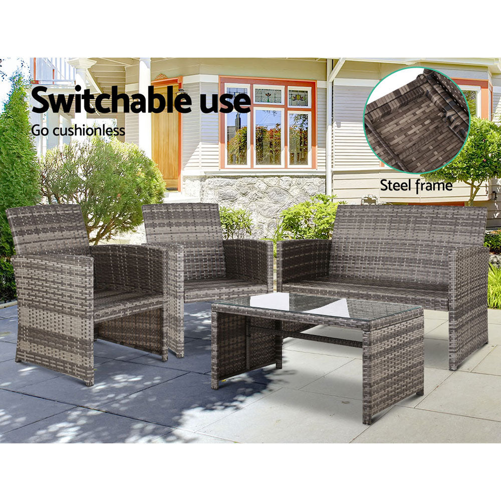 Gardeon 4 PCS Outdoor Sofa Set Rattan Chair Table Setting Garden Furniture Grey 6