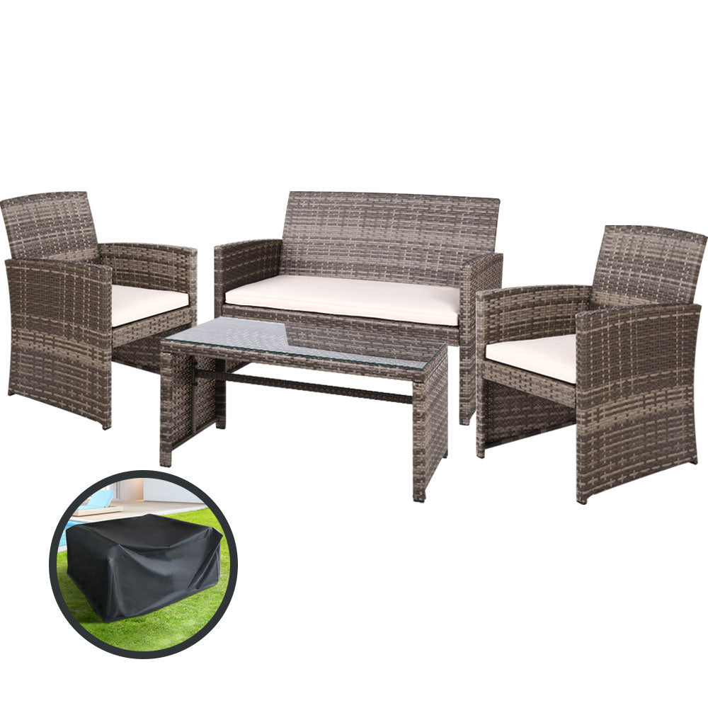Gardeon 4 PCS Outdoor Sofa Set with Storage Cover Rattan Chair Furniture Grey 7