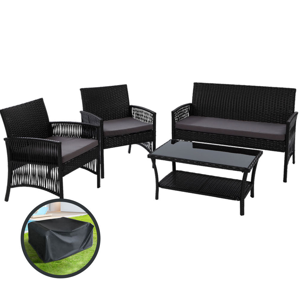 Gardeon 4PCS OutdoorSofa Set with Storage Cover Wicker Harp Chair Table Black 7