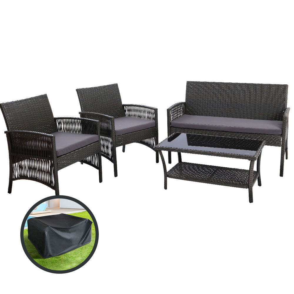 Gardeon 4PCS Outdoor Sofa Set with Storage Cover Wicker Harp Chair Table Grey 7