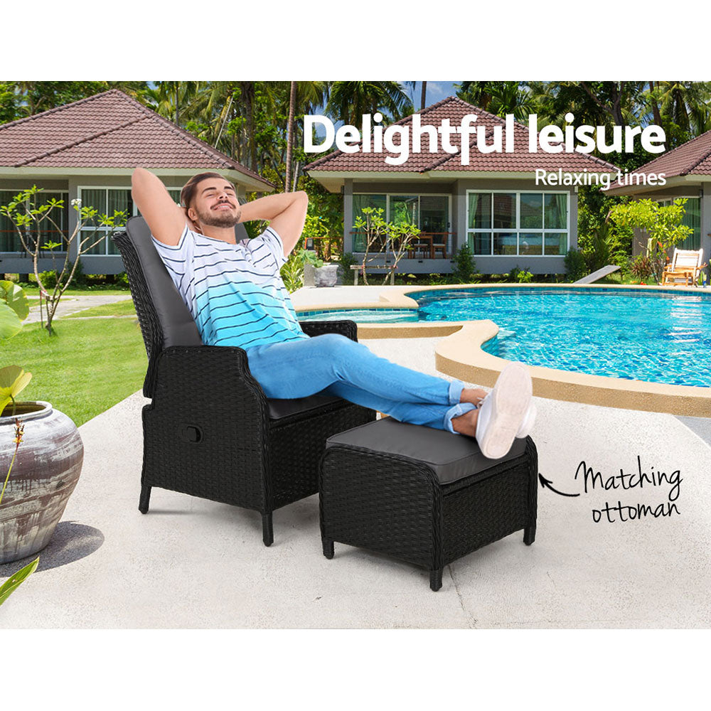 Gardeon Recliner Chair Sun lounge Wicker Lounger Outdoor Furniture Patio Adjustable Black 4