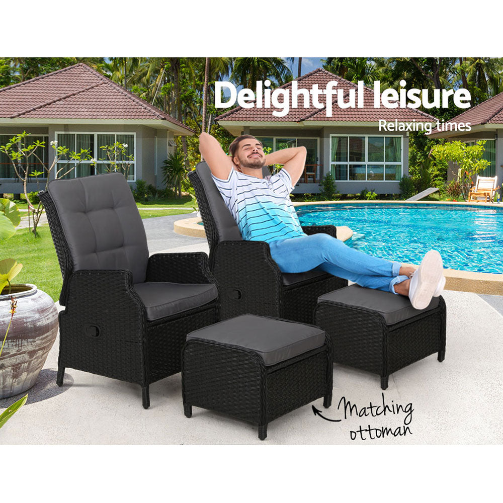 Gardeon 2PC Recliner Chair Sun lounge Wicker Lounger Outdoor Furniture Adjustable Black 4