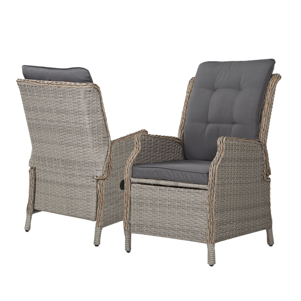 Gardeon 2PC Recliner Chair Sun lounge Wicker Lounger Outdoor Furniture Adjustable Grey 3