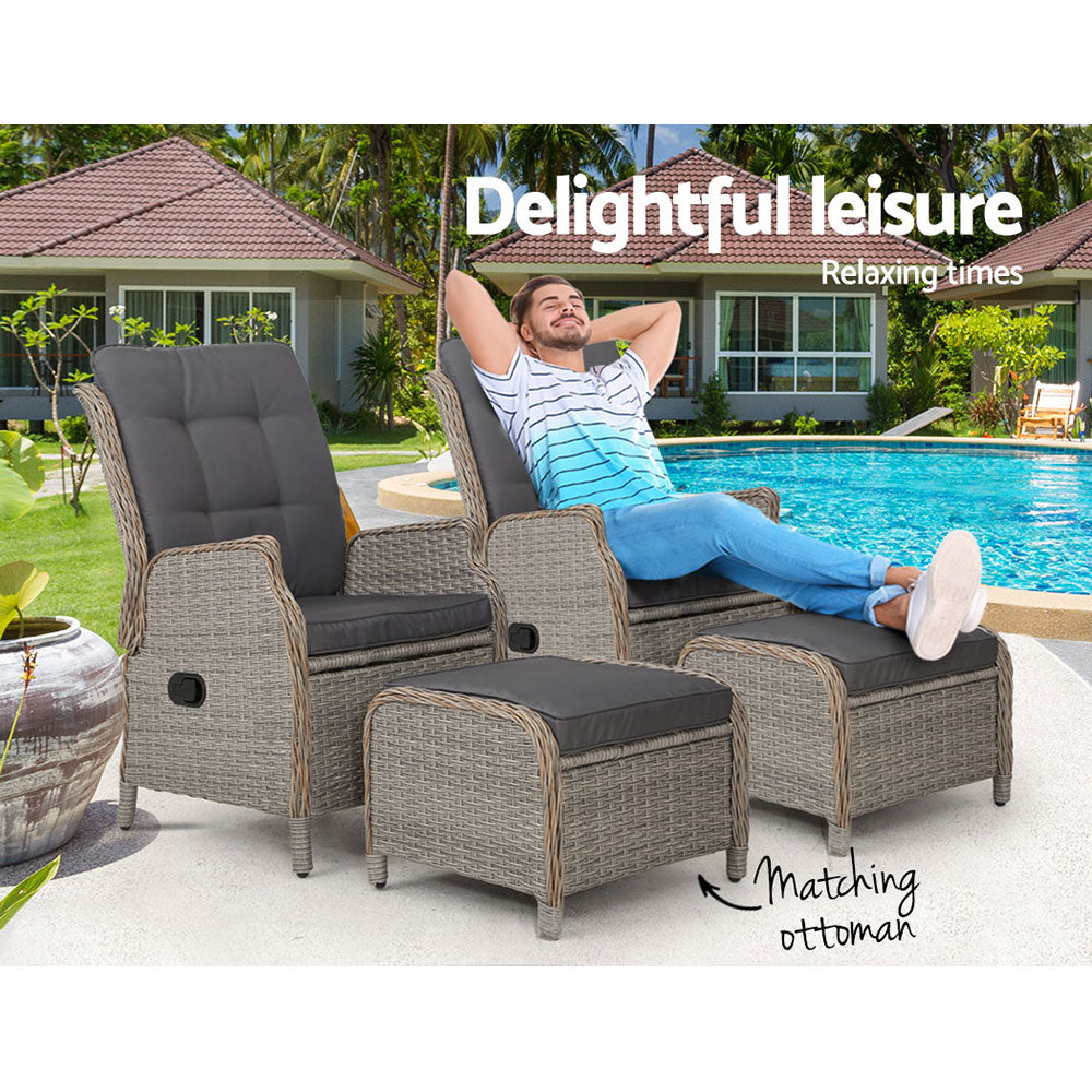 Gardeon 2PC Recliner Chair Sun lounge Wicker Lounger Outdoor Furniture Adjustable Grey 4