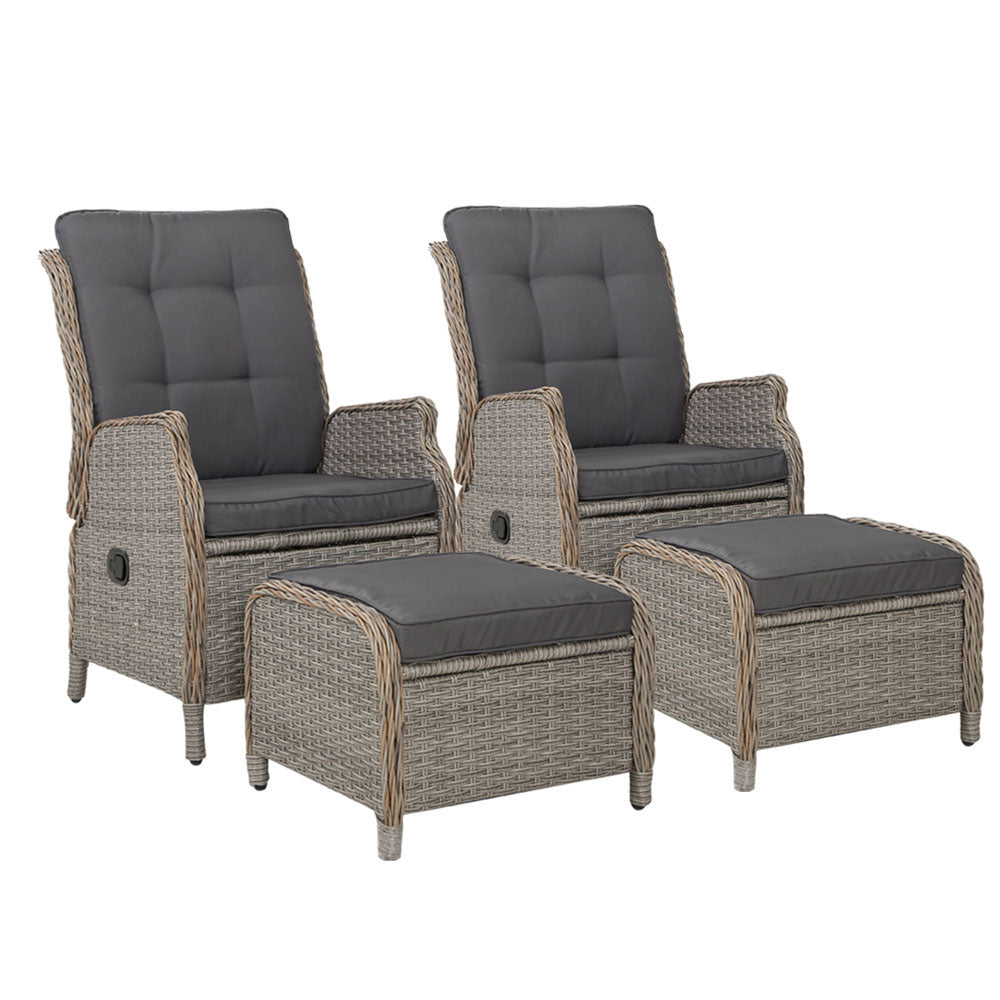 Gardeon 2PC Recliner Chair Sun lounge Wicker Lounger Outdoor Furniture Adjustable Grey 7