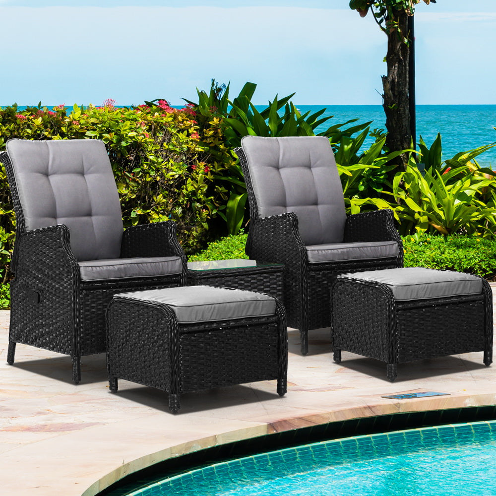 Gardeon 5PC Recliner Chairs Table Sun lounge Wicker Outdoor Furniture Adjustable Black 8