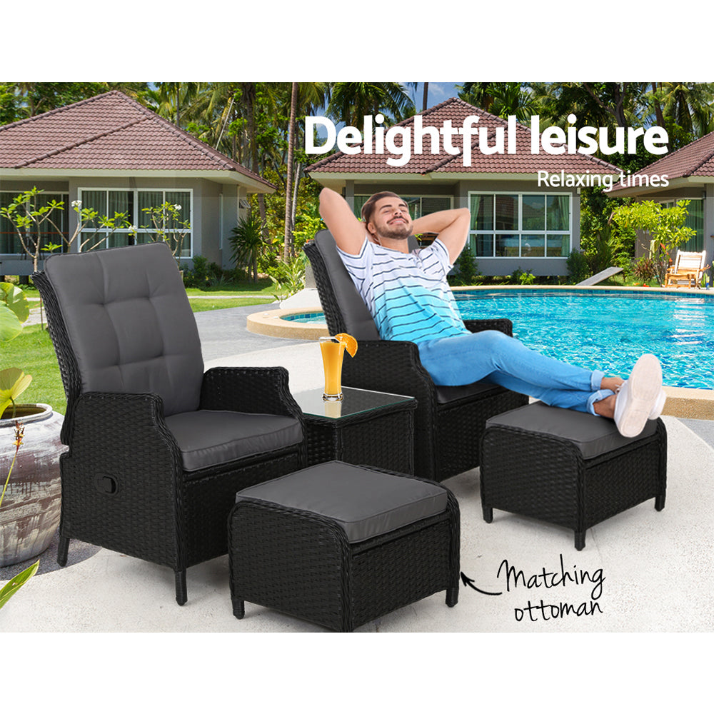 Gardeon 5PC Recliner Chairs Table Sun lounge Wicker Outdoor Furniture Adjustable Black 9