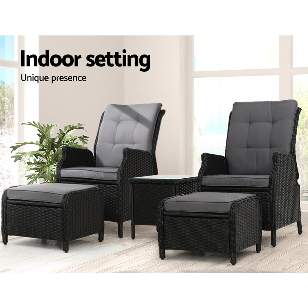 Gardeon 5PC Recliner Chairs Table Sun lounge Wicker Outdoor Furniture Adjustable Black 12