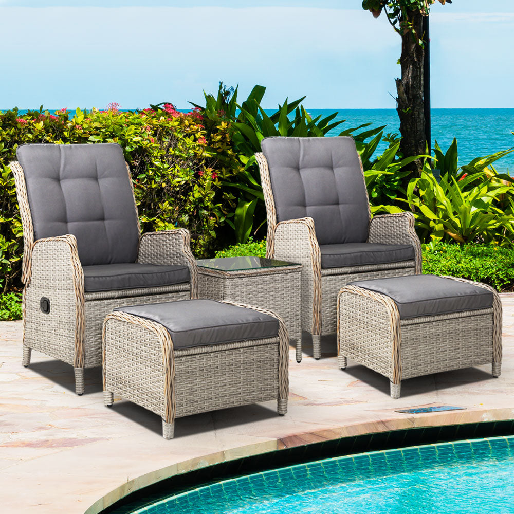 Gardeon 5PC Recliner Chairs Table Sun lounge Wicker Outdoor Furniture Adjustable Grey 8