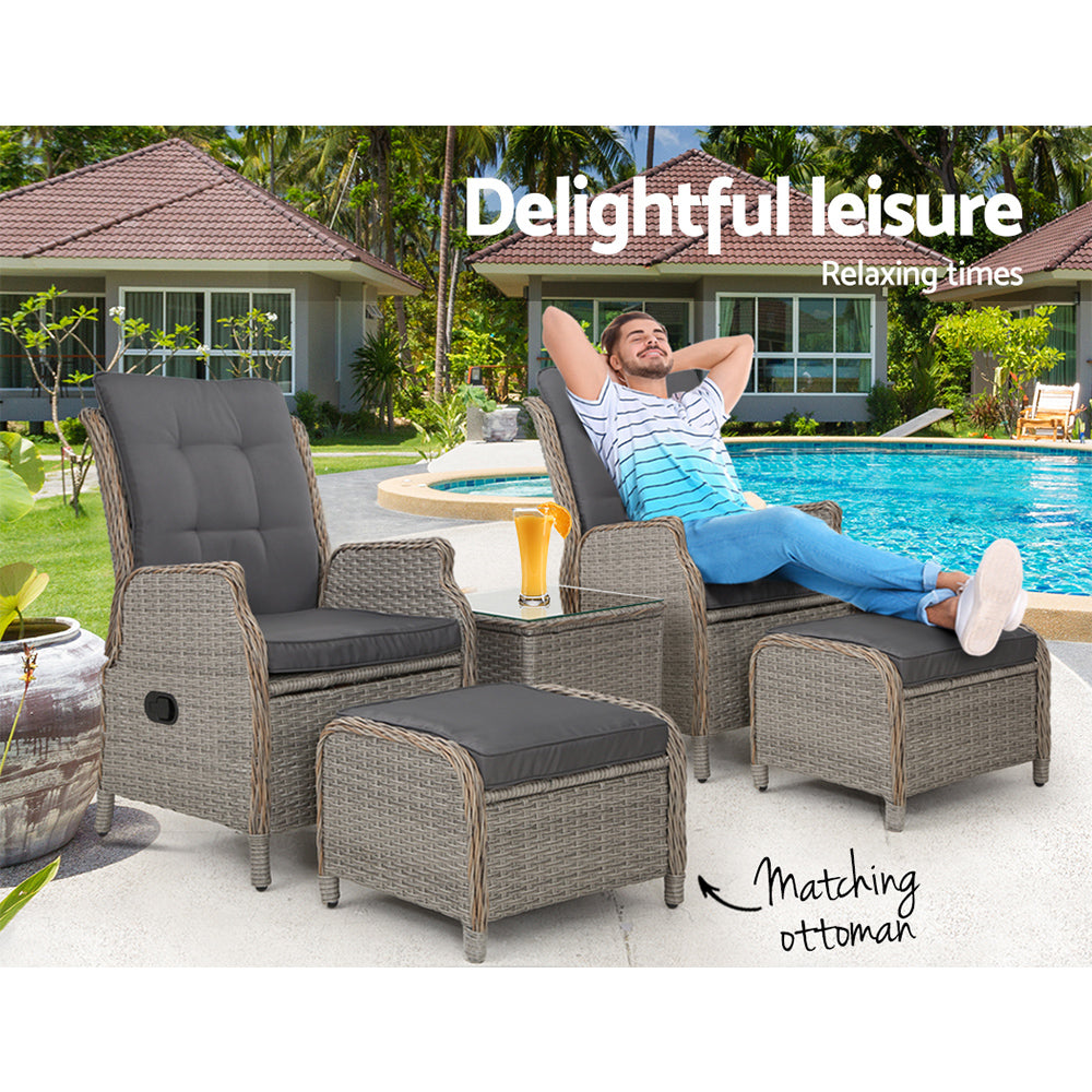 Gardeon 5PC Recliner Chairs Table Sun lounge Wicker Outdoor Furniture Adjustable Grey 9