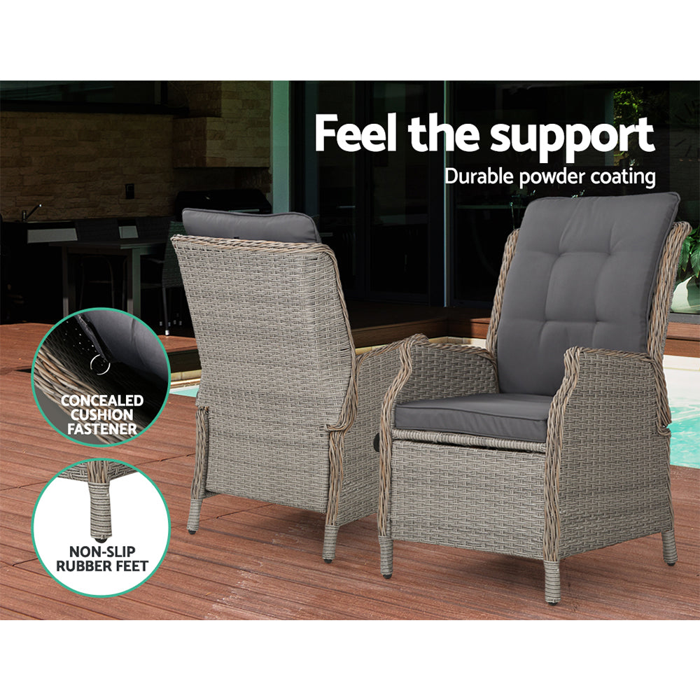 Gardeon 5PC Recliner Chairs Table Sun lounge Wicker Outdoor Furniture Adjustable Grey 10