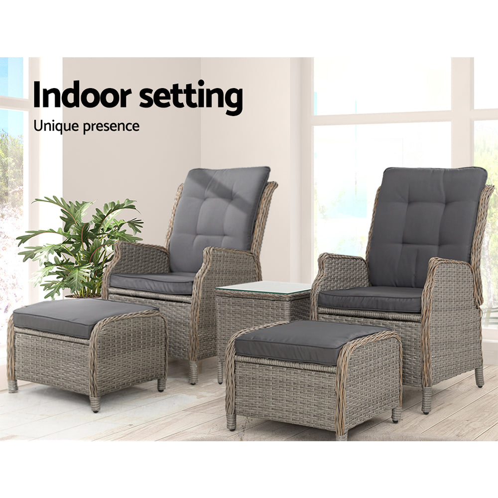 Gardeon 5PC Recliner Chairs Table Sun lounge Wicker Outdoor Furniture Adjustable Grey 12