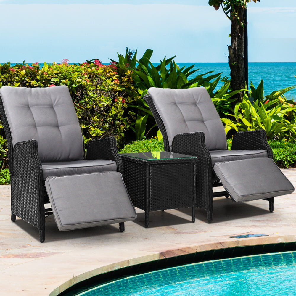 Gardeon 3PC Recliner Chairs Table Sun lounge Outdoor Furniture Wicker Adjustable Black 8