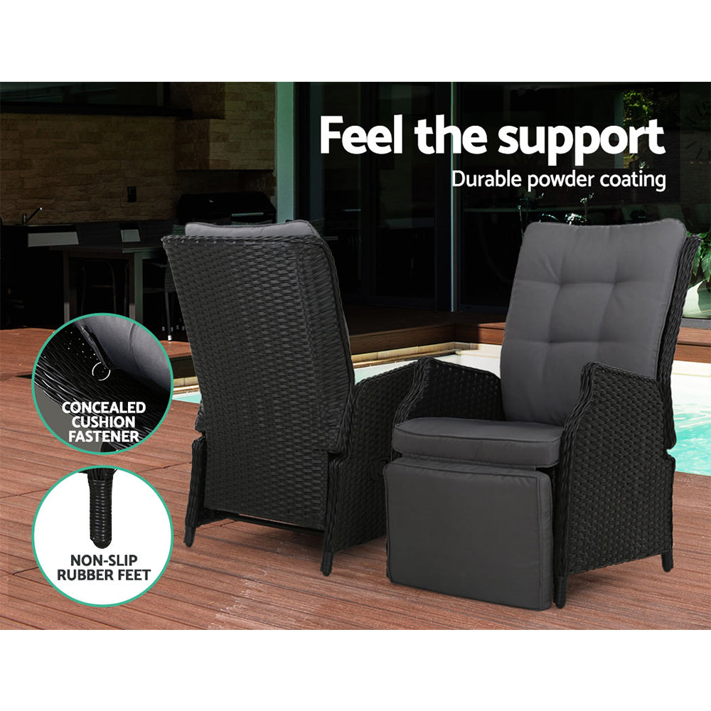 Gardeon 3PC Recliner Chairs Table Sun lounge Outdoor Furniture Wicker Adjustable Black 10