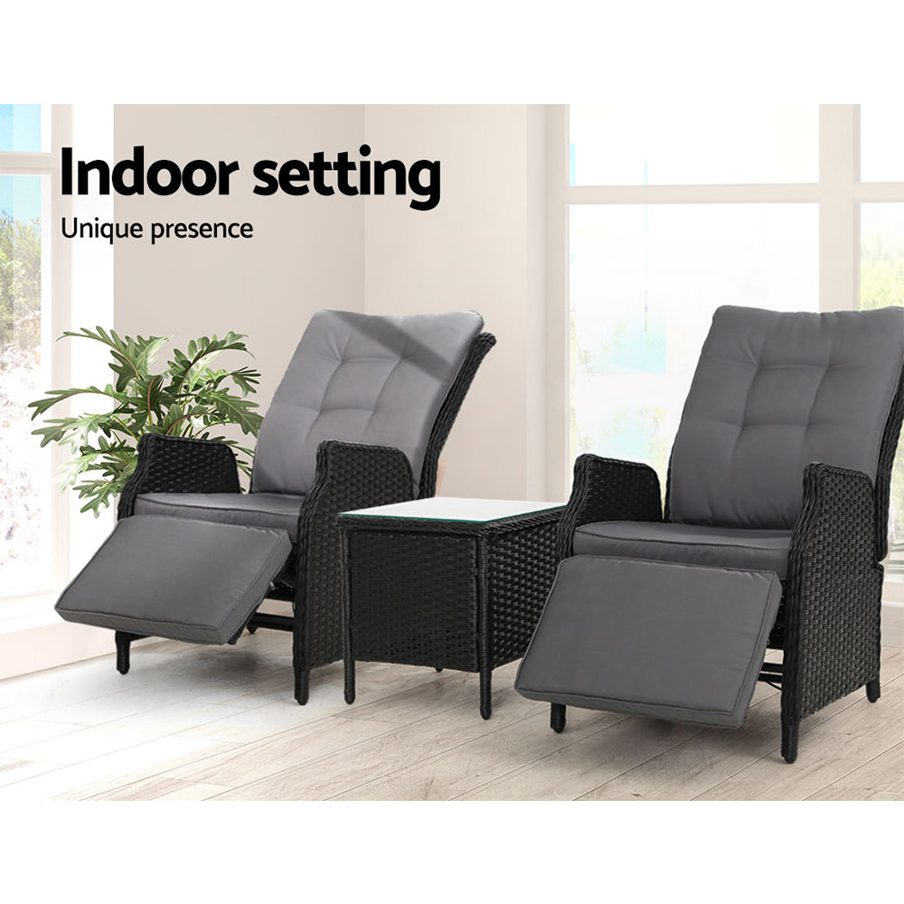 Gardeon 3PC Recliner Chairs Table Sun lounge Outdoor Furniture Wicker Adjustable Black 12