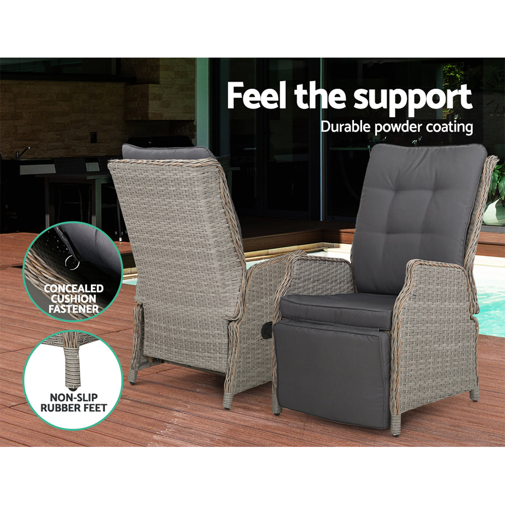 Gardeon 3PC Recliner Chairs Table Sun lounge Outdoor Furniture Wicker Adjustable Grey 10